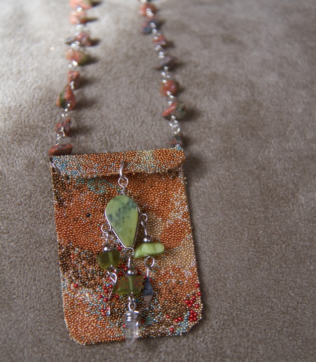 Multi-Colored Amulet Bag with Serpentine Stone and Jasper Chain