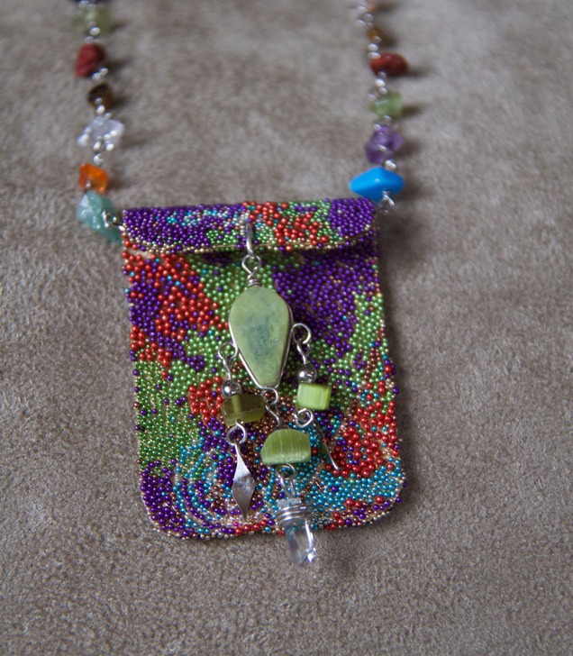 Multi-Colored Amulet Bag with Serpentine Stone and Multi Chain