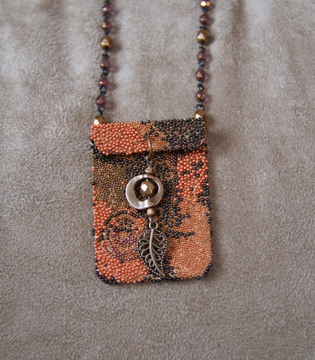 Copper Amulet Bag with Glass Bead Chain