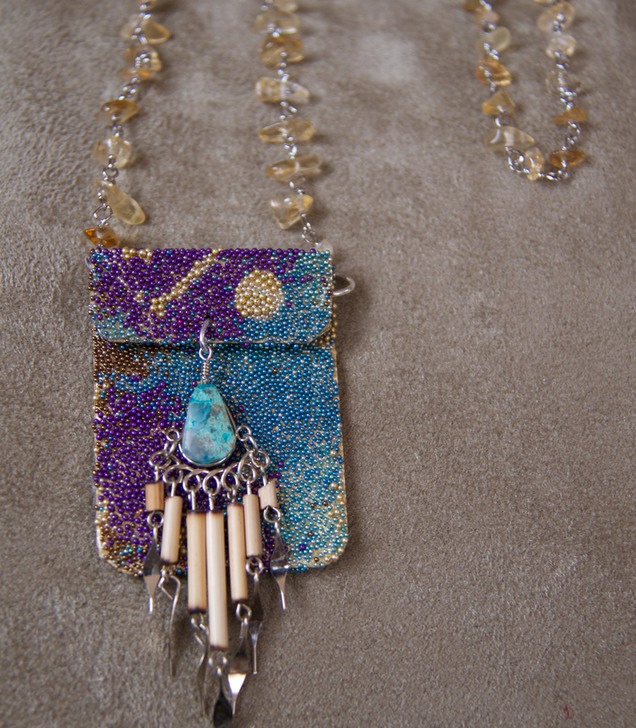 Blue/Violet Amulet Bag with Turquoise Pendant and Citrine Chain