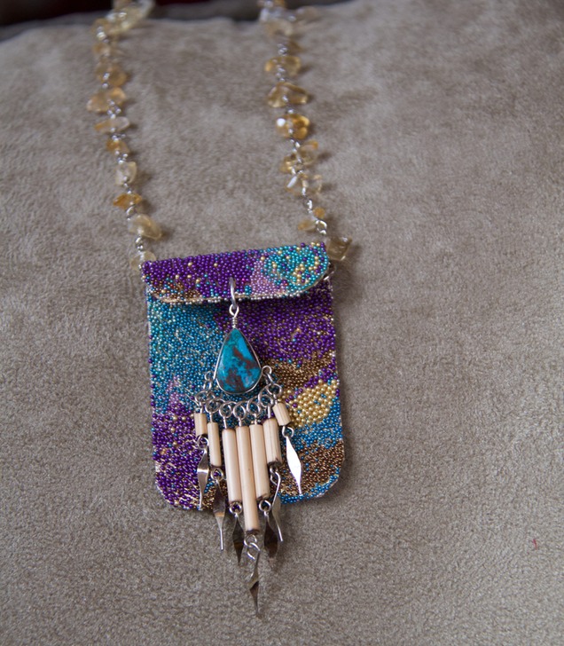 Blue/Violet Amulet Bag with Turquoise bead and Citrine Chain 2